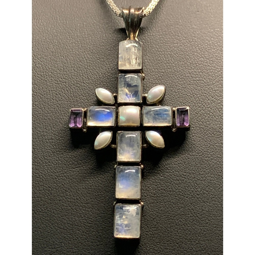 Nicky Butler 925 Cross Pendant Moonstone Amethyst Pearl Necklace 18"